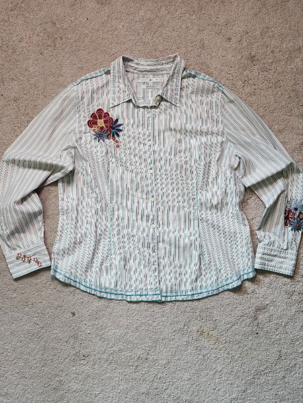 Tommy Hilfiger White and Light Blue Striped Button-Down with Floral Embroidery